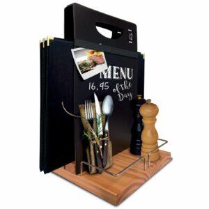 Βάση ξύλινη για καταλόγους MENU, λαδόξυδα και αλατοπίπερα, 22x20cm, με μαυροπίνακα και μαρκαδόρο