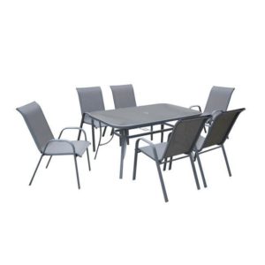 RIO Set (Τρ.150x90cm+6 Πολ) Μετ.Ανθρακί/Text.Γκρι/Γυαλί Pear Clear