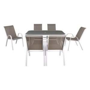 RIO Set (Τρ.150x90cm+6 Πολ) Μετ.Άσπρο/Text.Cappuccino/Γυαλί Μπεζ
